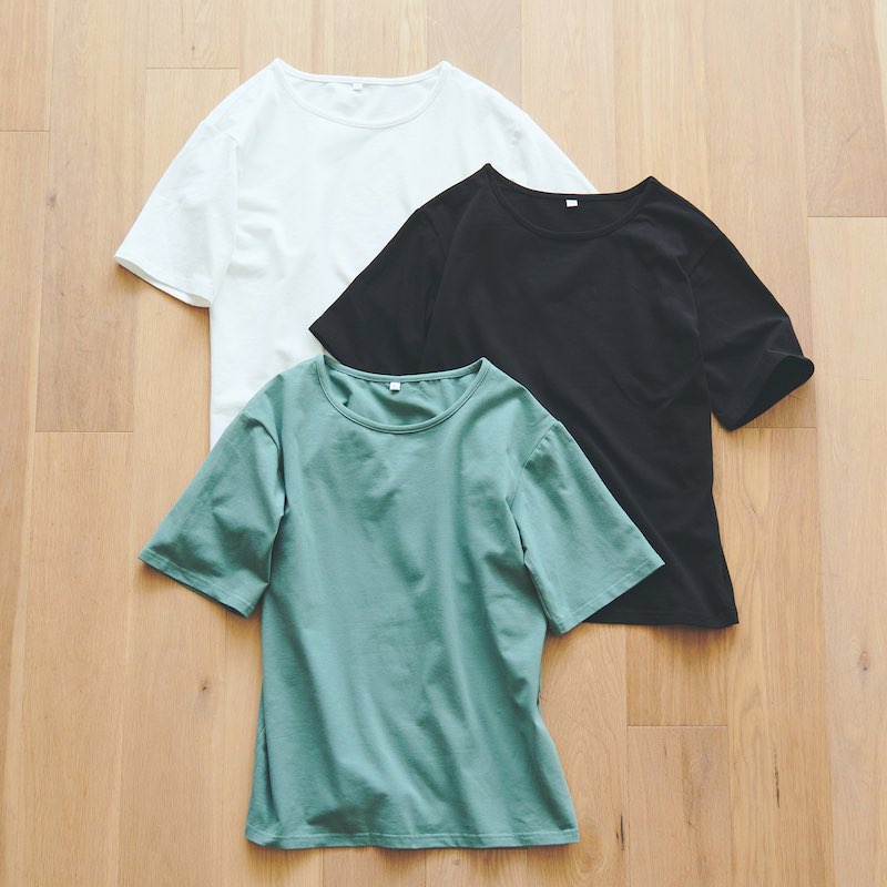 【白・黒・グリーン3枚セット】滑らかコットンおとなのTシャツお得なセット