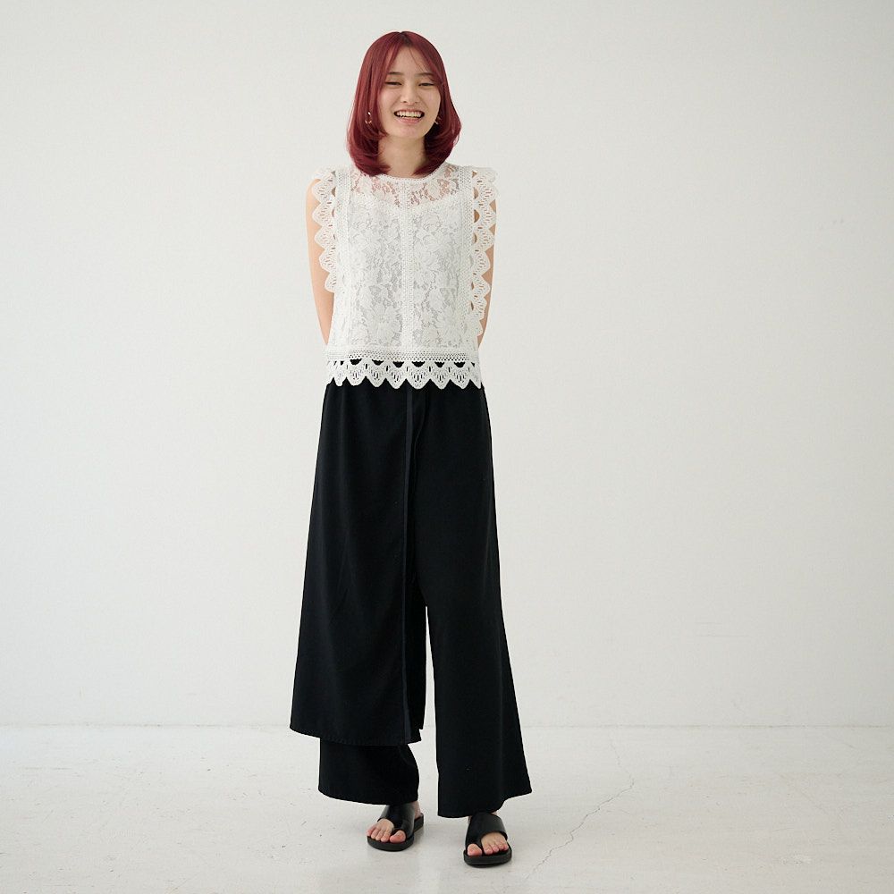 レディースエプロンワイドパンツブラック