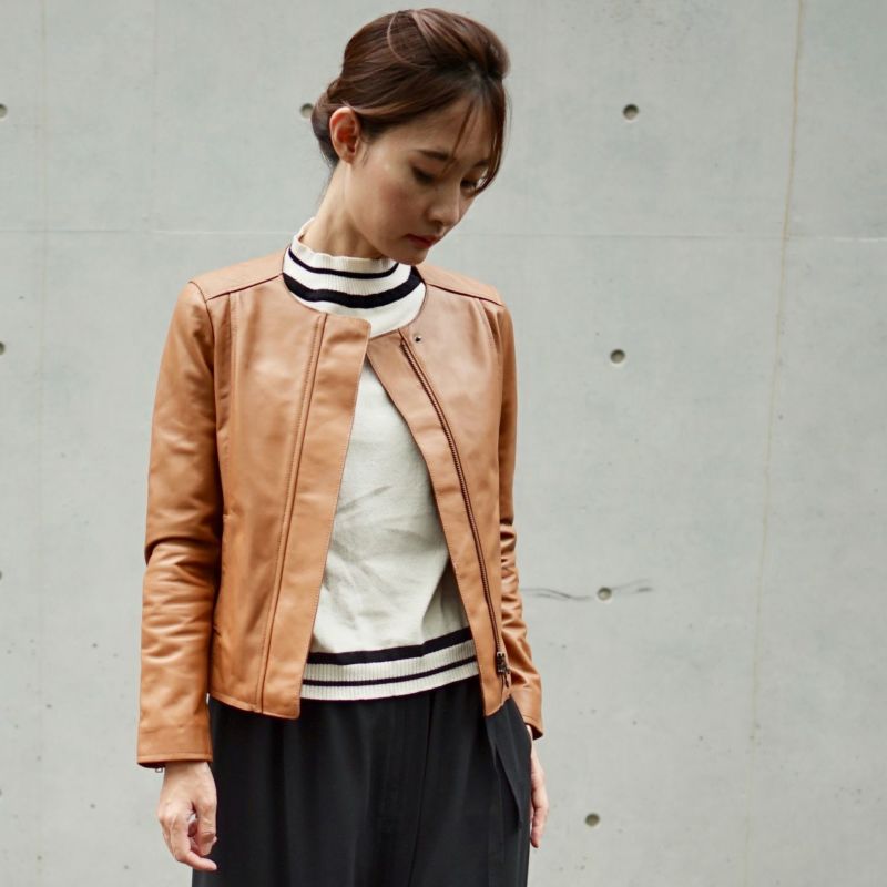 ラムレザー本革ノーカラージャケットレディース