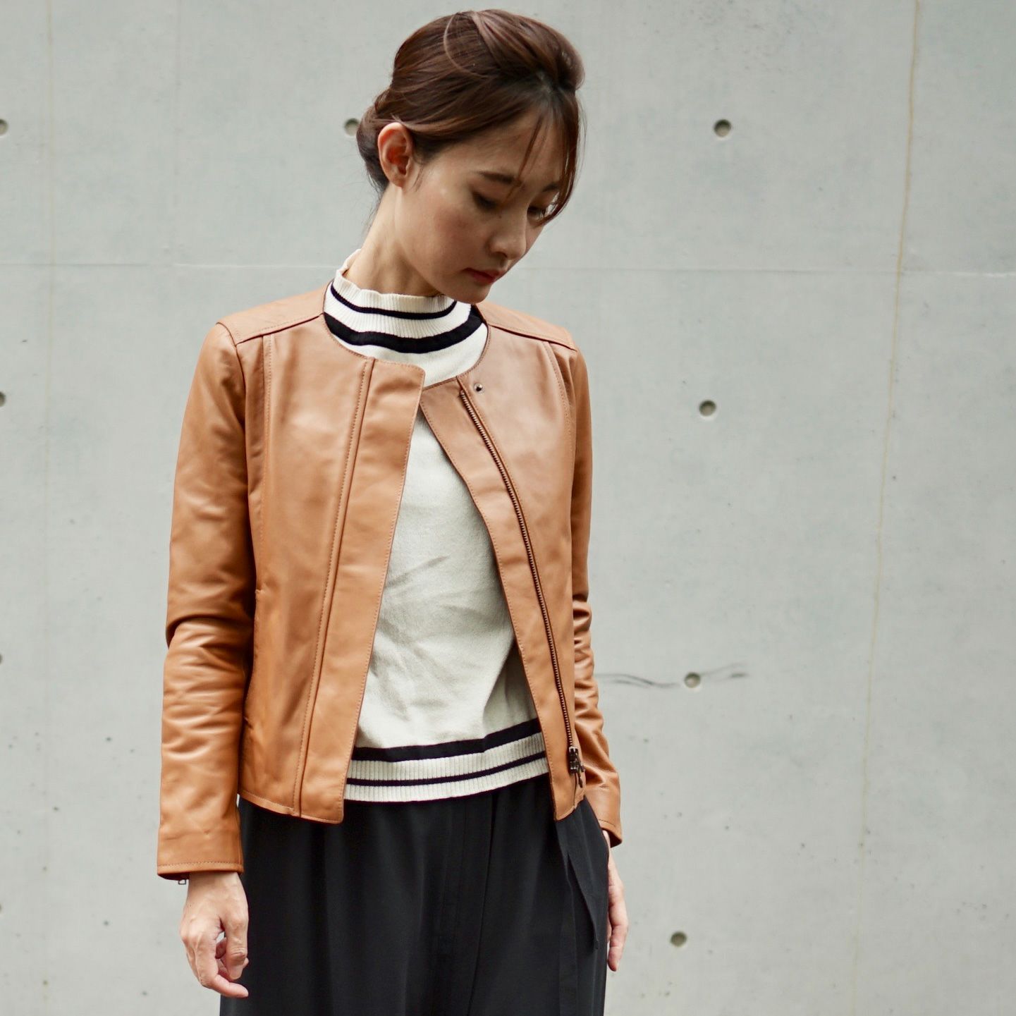 ラムレザー本革ノーカラージャケットレディース
