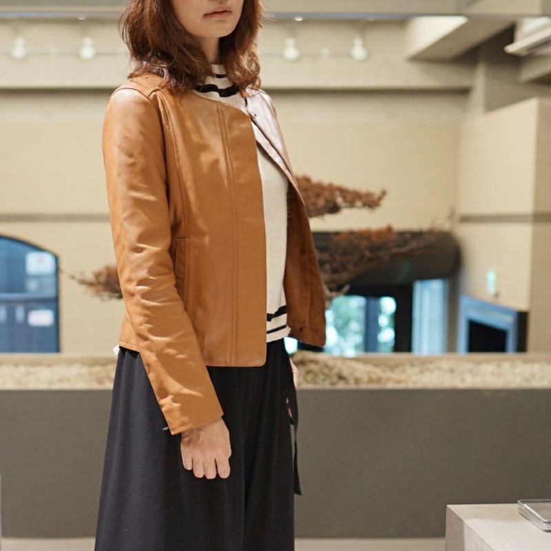 ラムレザー本革ノーカラージャケットレディース