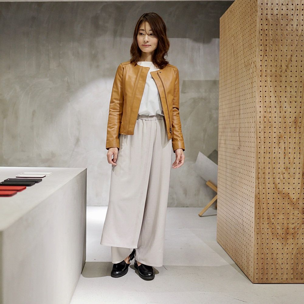 ラムレザー本革ノーカラージャケットレディース