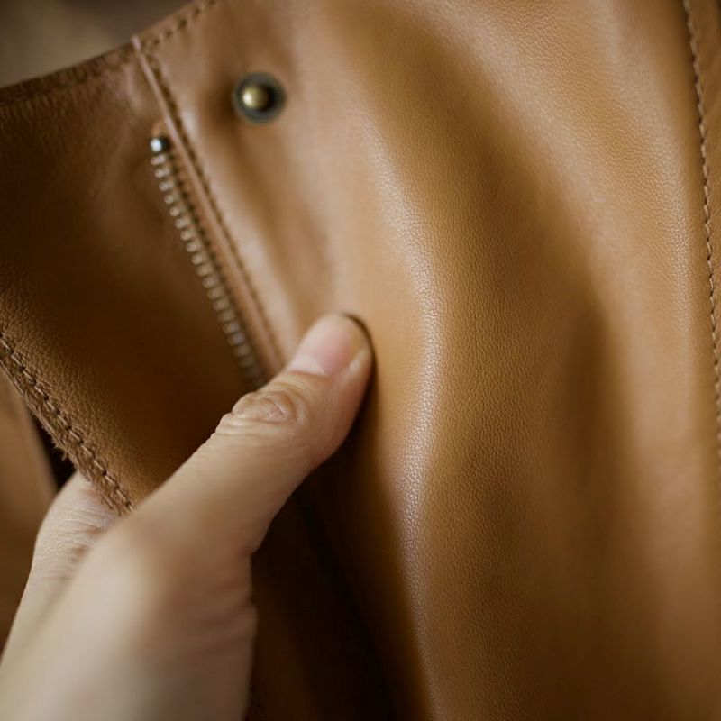 ラムレザー本革ノーカラージャケットレディース