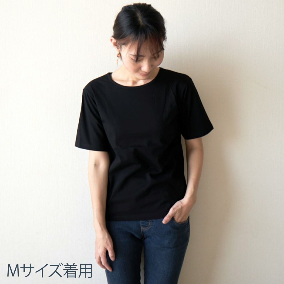 二の腕カバー細見え大人のTシャツレディースブラック