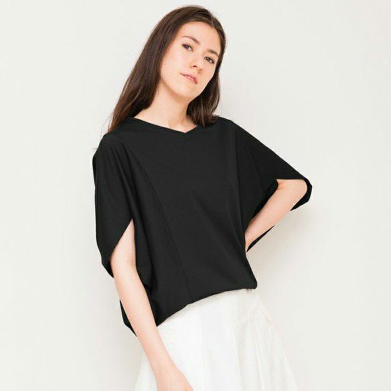 変形ドルマンTシャツブラック二の腕カバーレディース