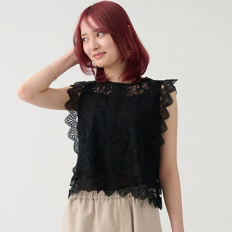 二の腕カバー細見えレースブラウスブラック