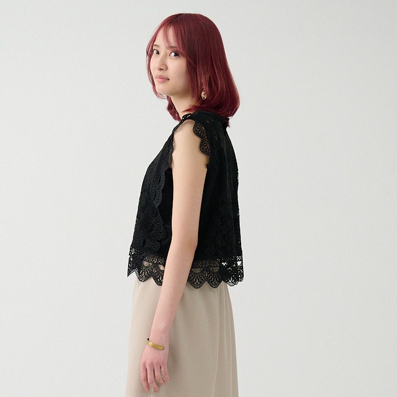 二の腕カバー細見えレースブラウスブラック