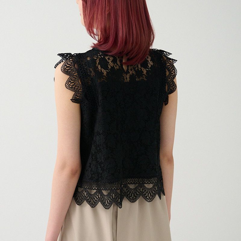 二の腕カバー細見えレースブラウスブラック