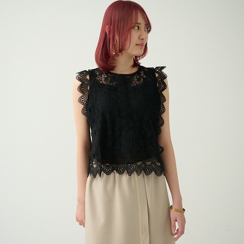 二の腕カバー細見えレースブラウスブラック