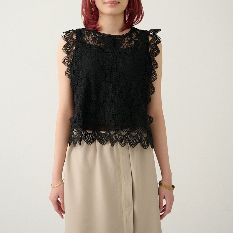 二の腕カバー細見えレースブラウスブラック