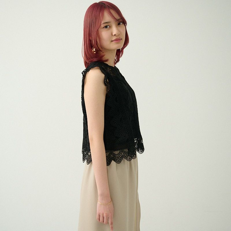 二の腕カバー細見えレースブラウスブラック