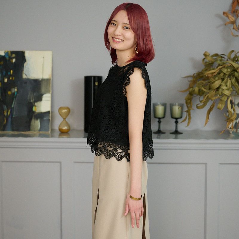 二の腕カバー細見えレースブラウスブラック