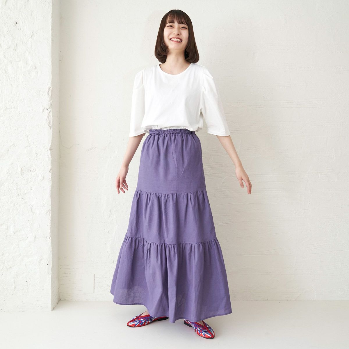 大人のロングスカートパープル夏コーデ