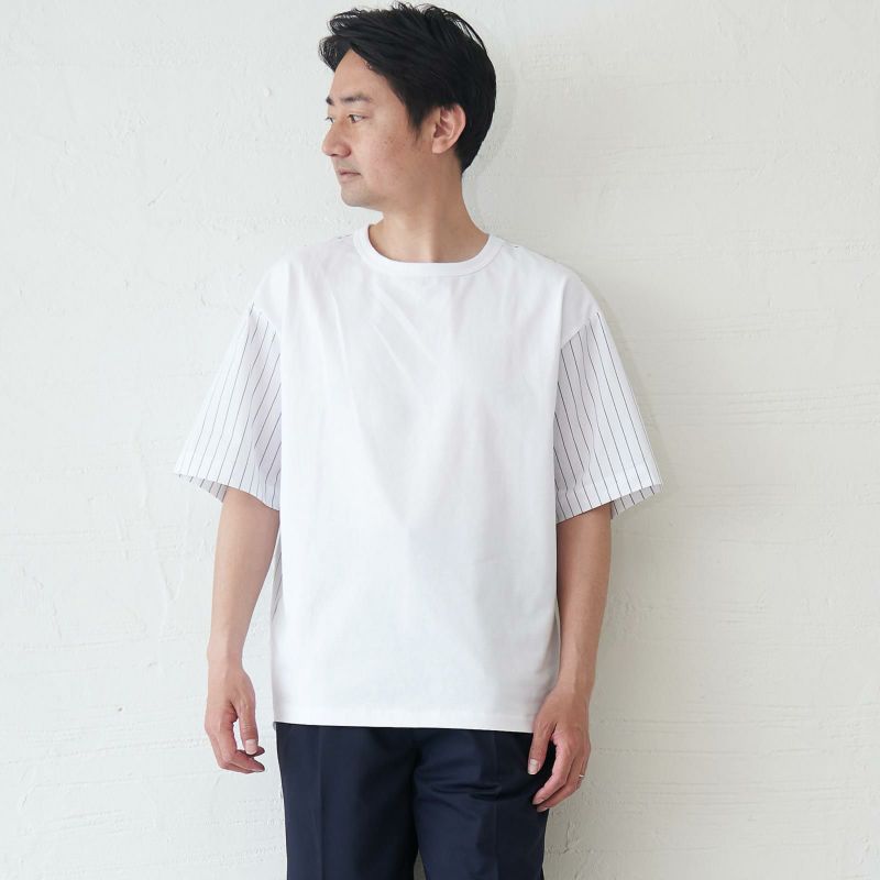 メンズ Tシャツ 夏服 白 ホワイト ストライプ きれいめ もりのがっこう