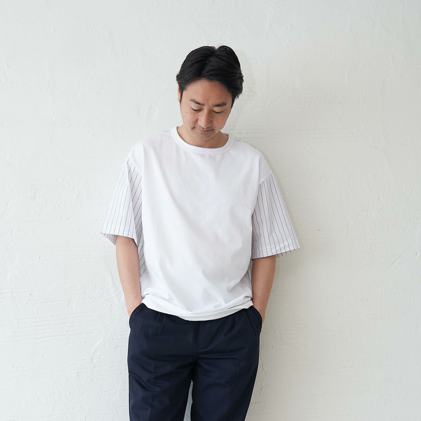 メンズ Tシャツ 夏服 白 ホワイト ストライプ きれいめ もりのがっこう