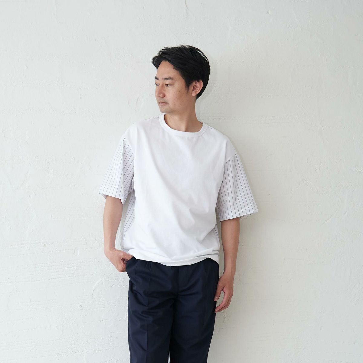 メンズ Tシャツ 夏服 白 ホワイト ストライプ きれいめ もりのがっこう