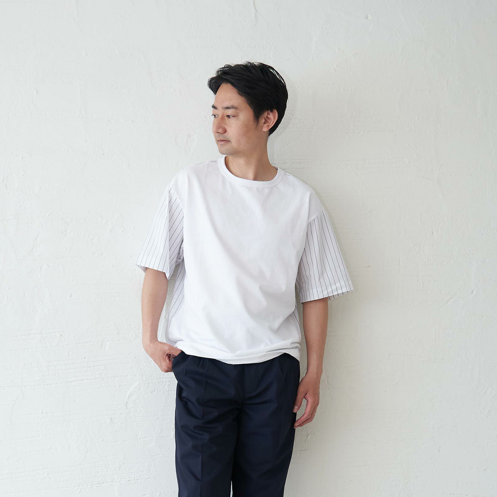 メンズ Tシャツ 夏服 白 ホワイト ストライプ きれいめ もりのがっこう