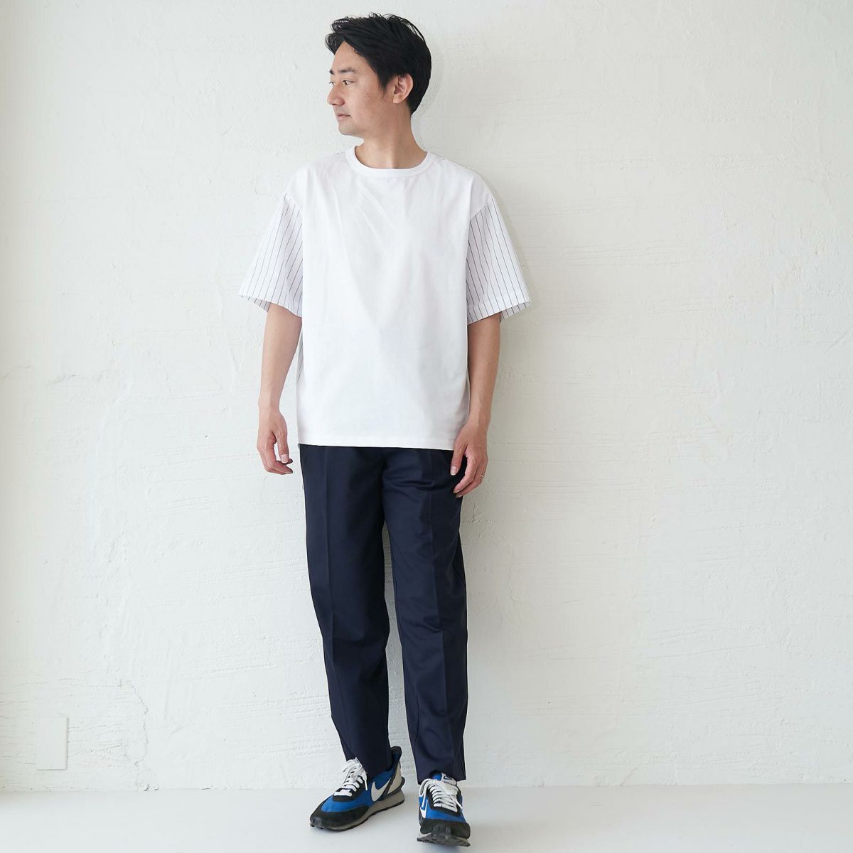 メンズ Tシャツ 夏服 白 ホワイト ストライプ きれいめ もりのがっこう