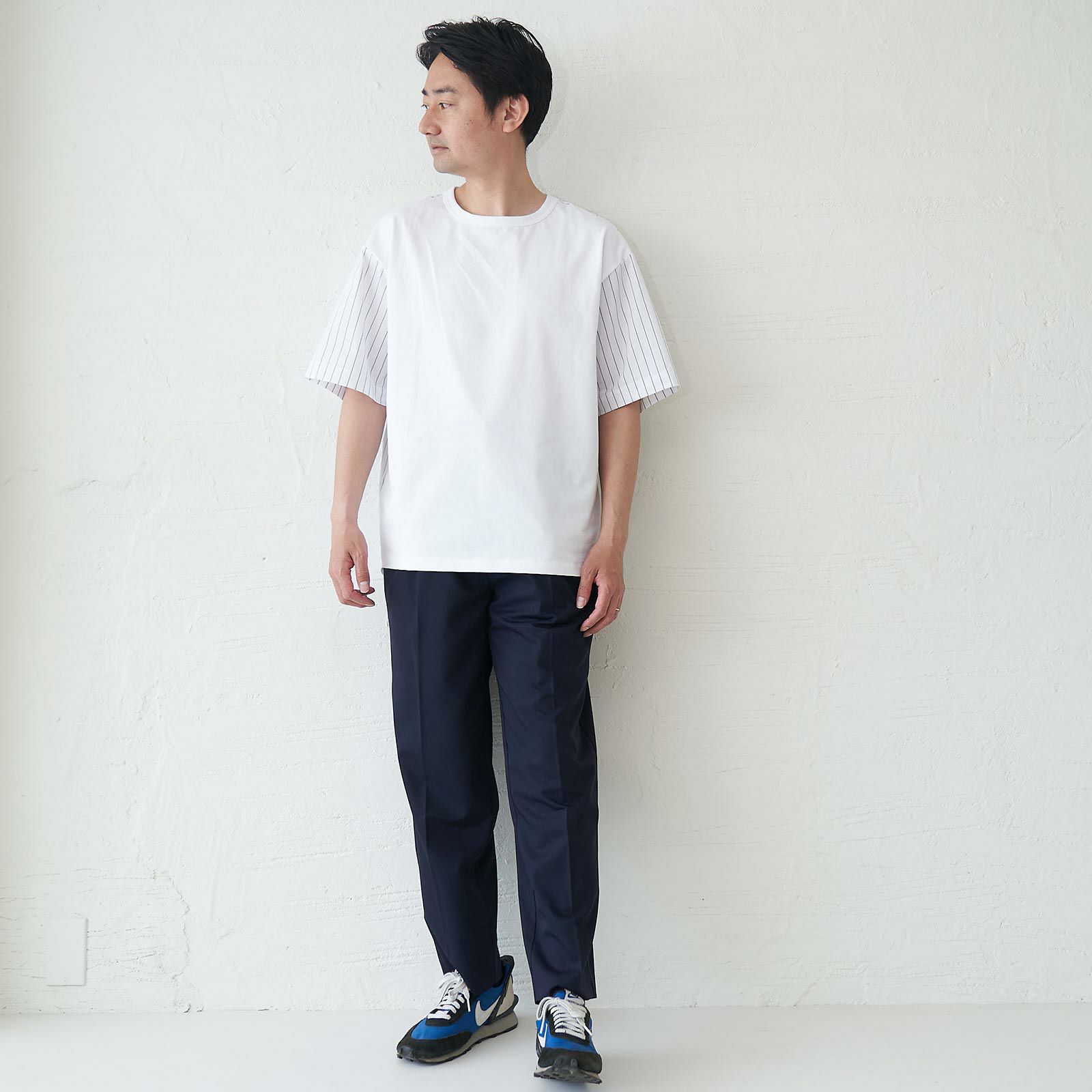 メンズ Tシャツ 夏服 白 ホワイト ストライプ きれいめ もりのがっこう