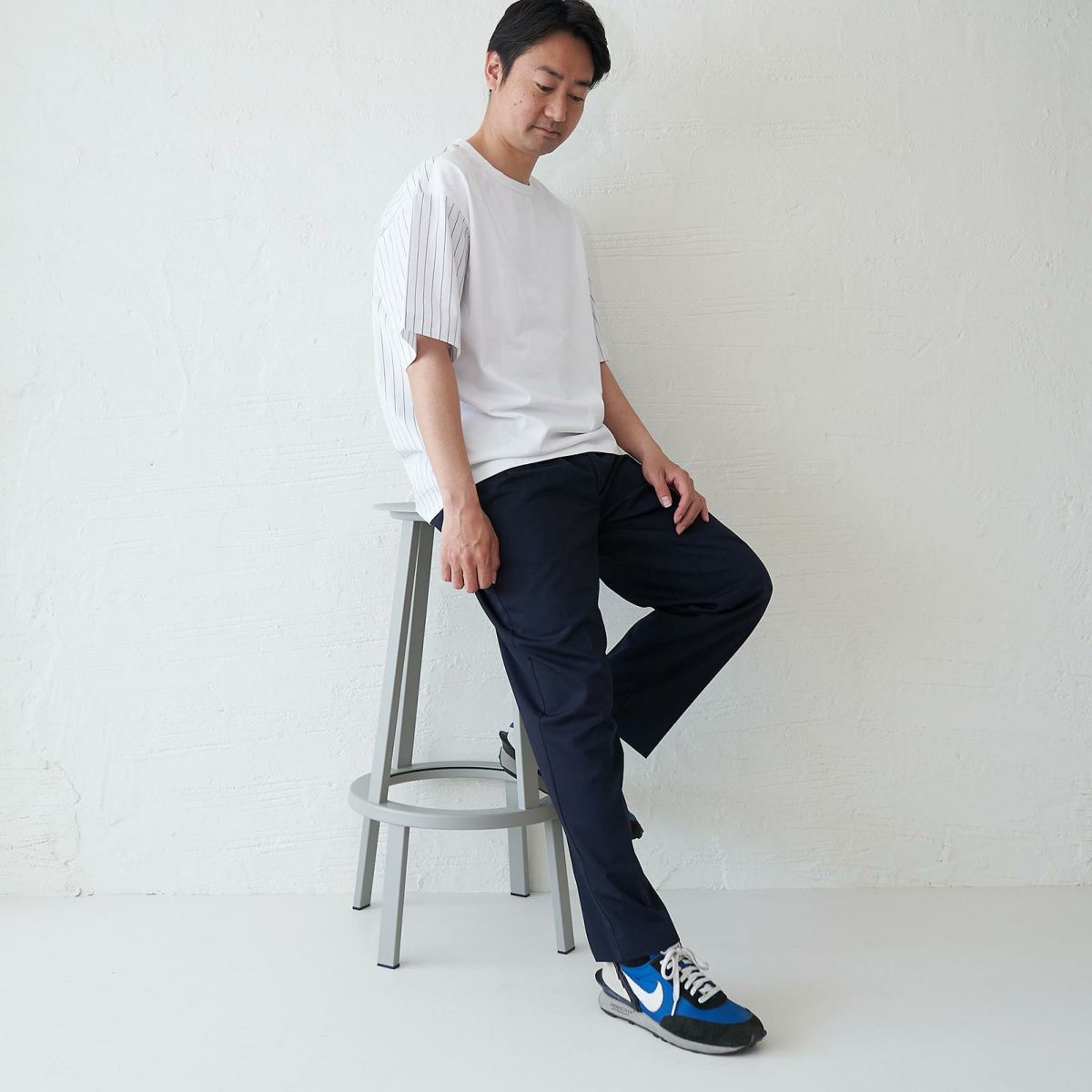 メンズ Tシャツ 夏服 白 ホワイト ストライプ きれいめ もりのがっこう