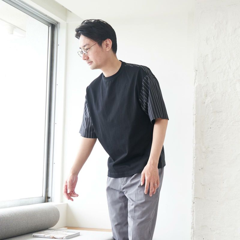 メンズ Tシャツ 夏服 黒 ブラック ストライプ きれいめ もりのがっこう