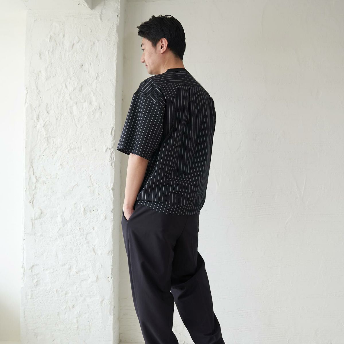 メンズ Tシャツ 夏服 黒 ブラック ストライプ きれいめ もりのがっこう
