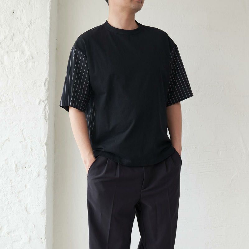 メンズ Tシャツ 夏服 黒 ブラック ストライプ きれいめ もりのがっこう