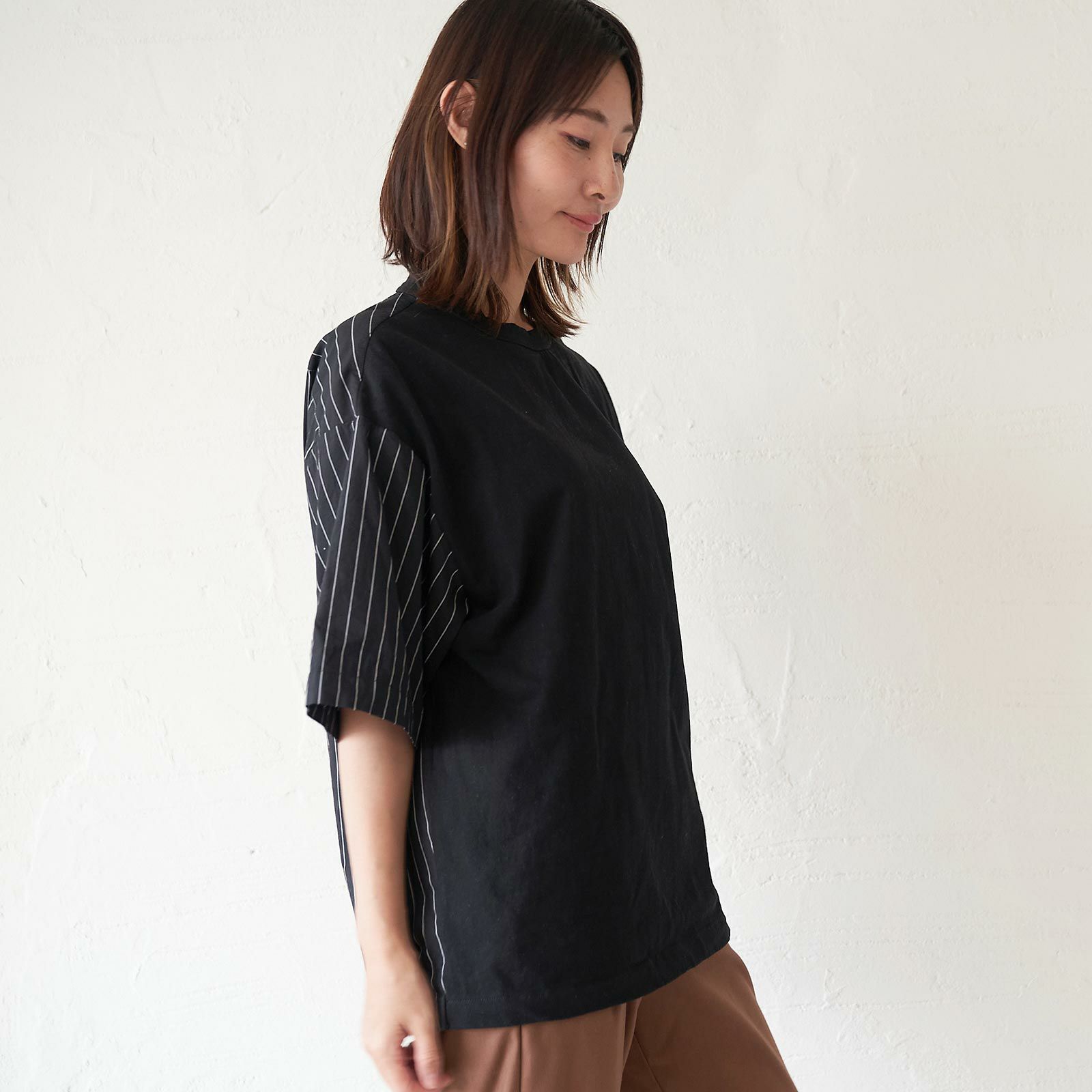 メンズ Tシャツ 夏服 黒 ブラック ストライプ きれいめ もりのがっこう