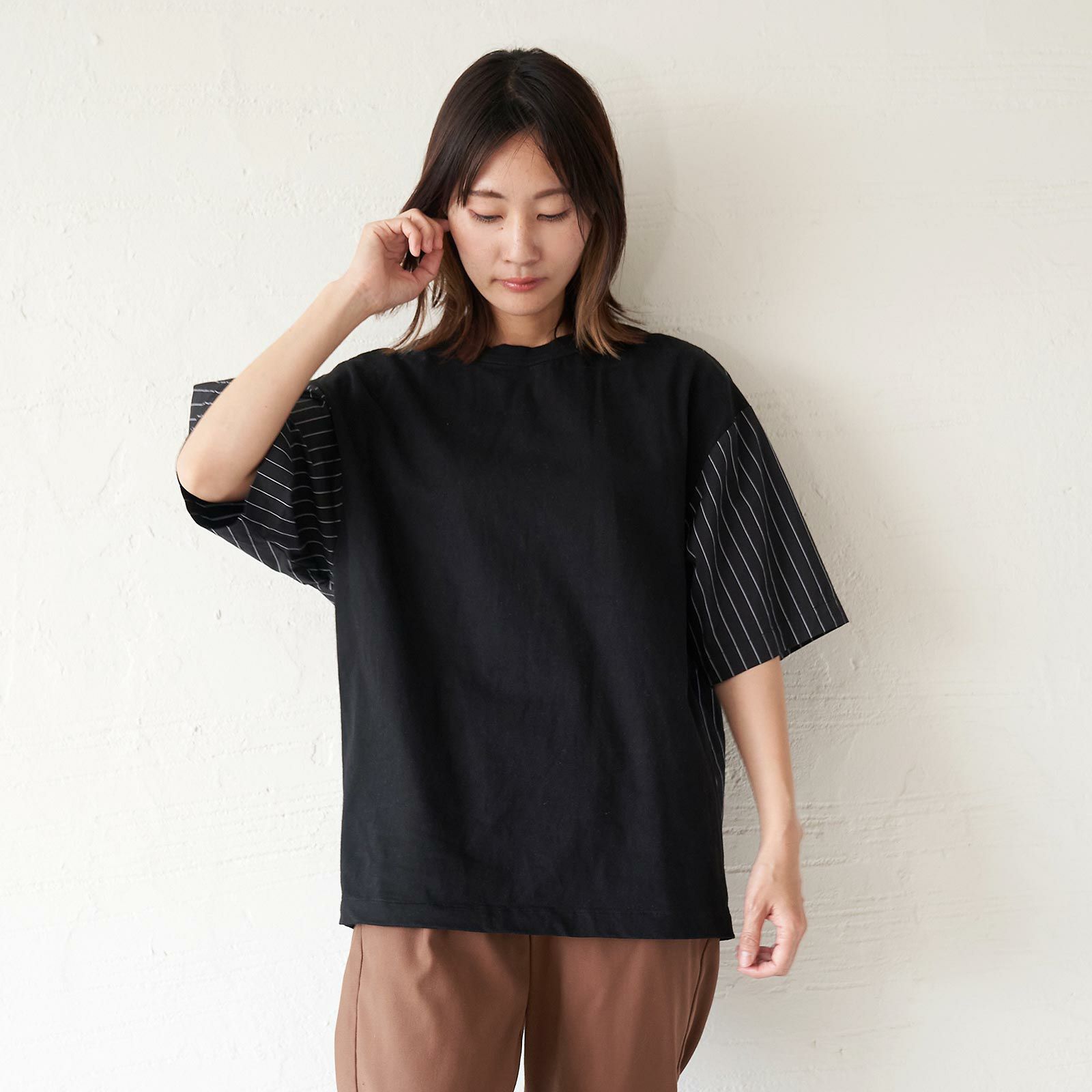 メンズ Tシャツ 夏服 黒 ブラック ストライプ きれいめ もりのがっこう