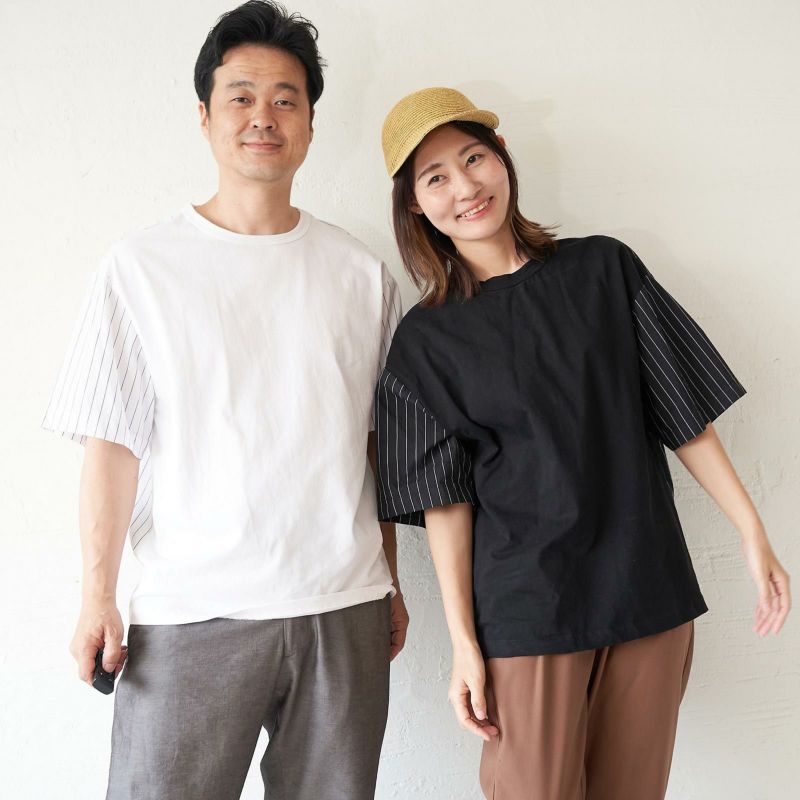 メンズ Tシャツ 夏服 黒 ブラック ストライプ きれいめ もりのがっこう