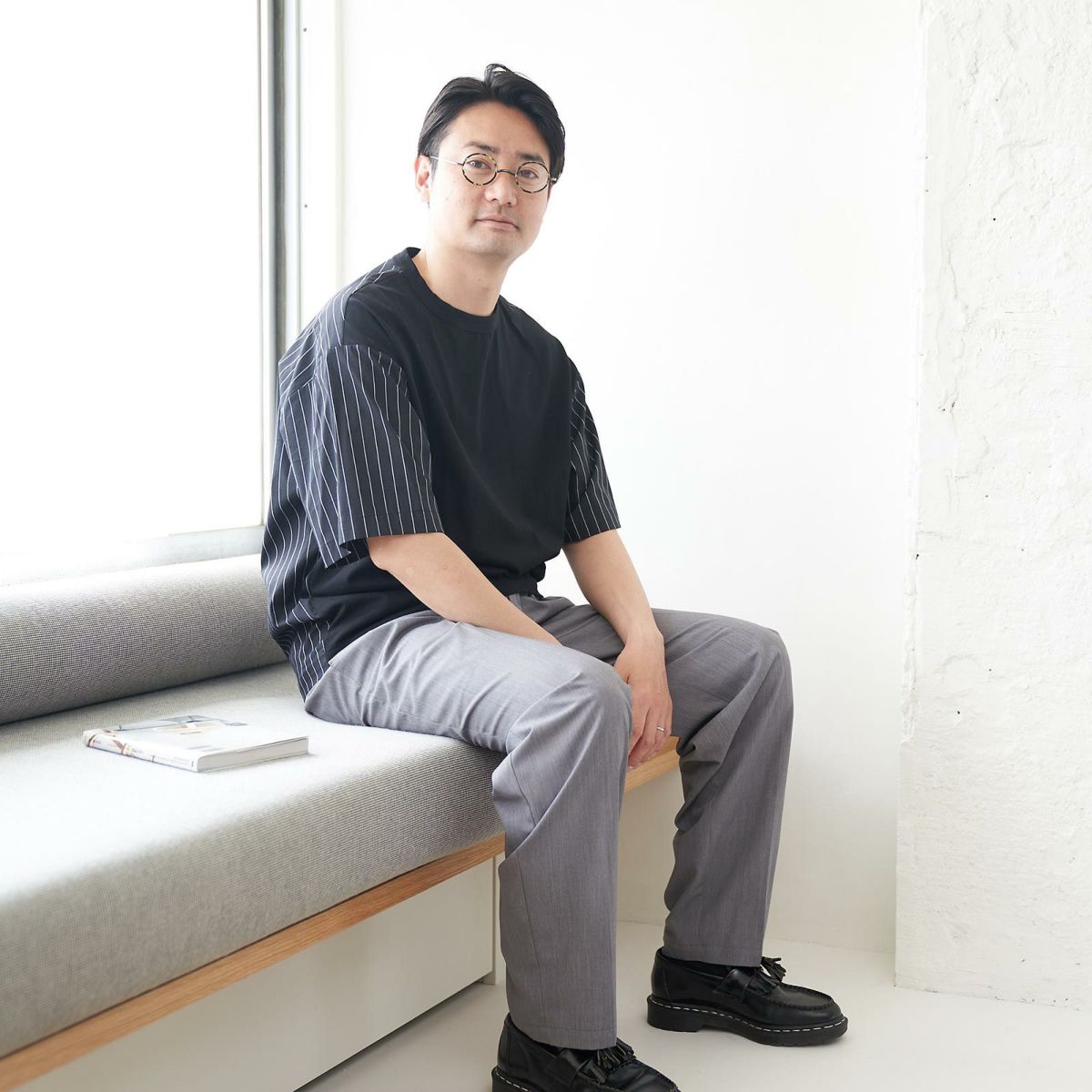 メンズ Tシャツ 夏服 黒 ブラック ストライプ きれいめ もりのがっこう