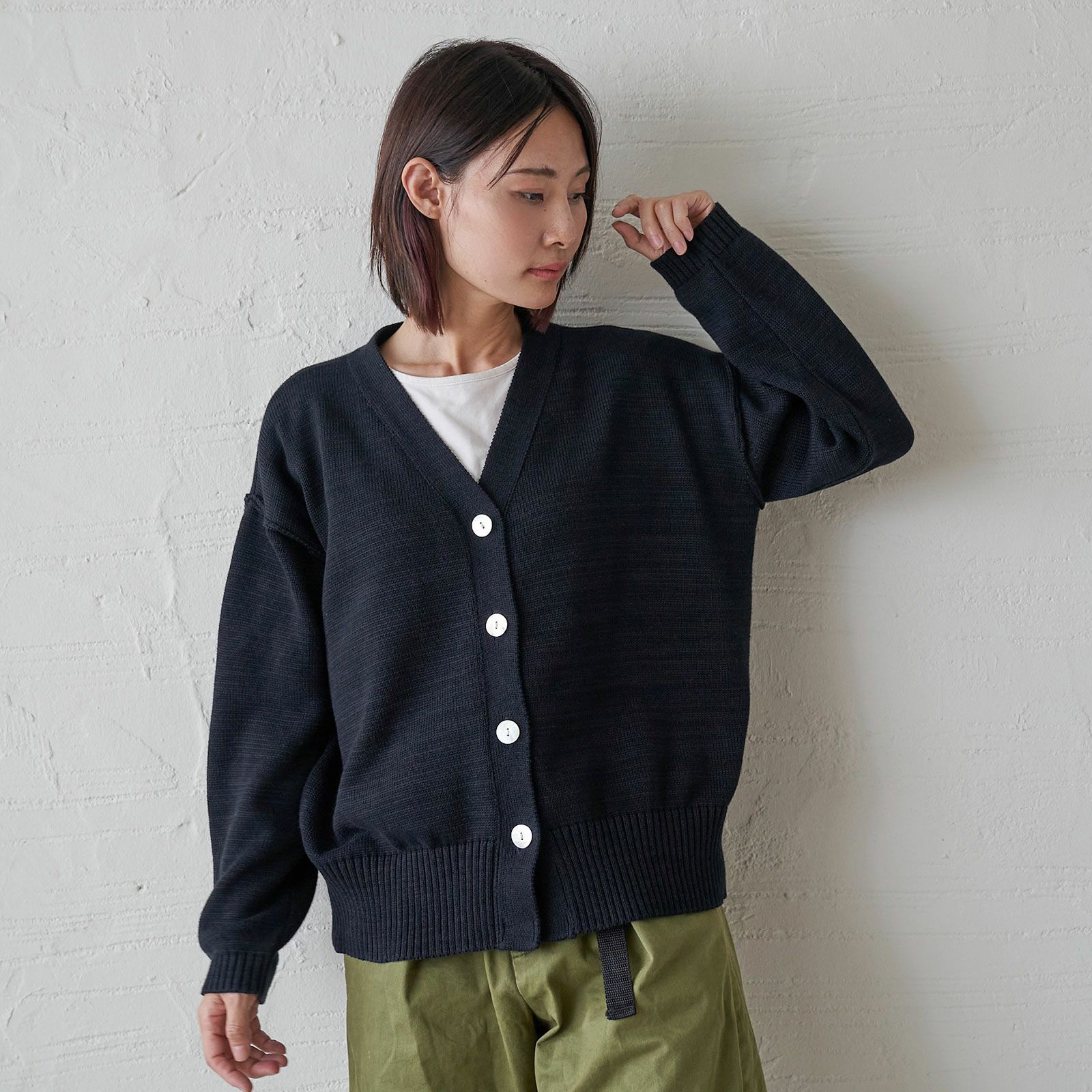 コットンニットカーディガン黒ブラック制服レディース