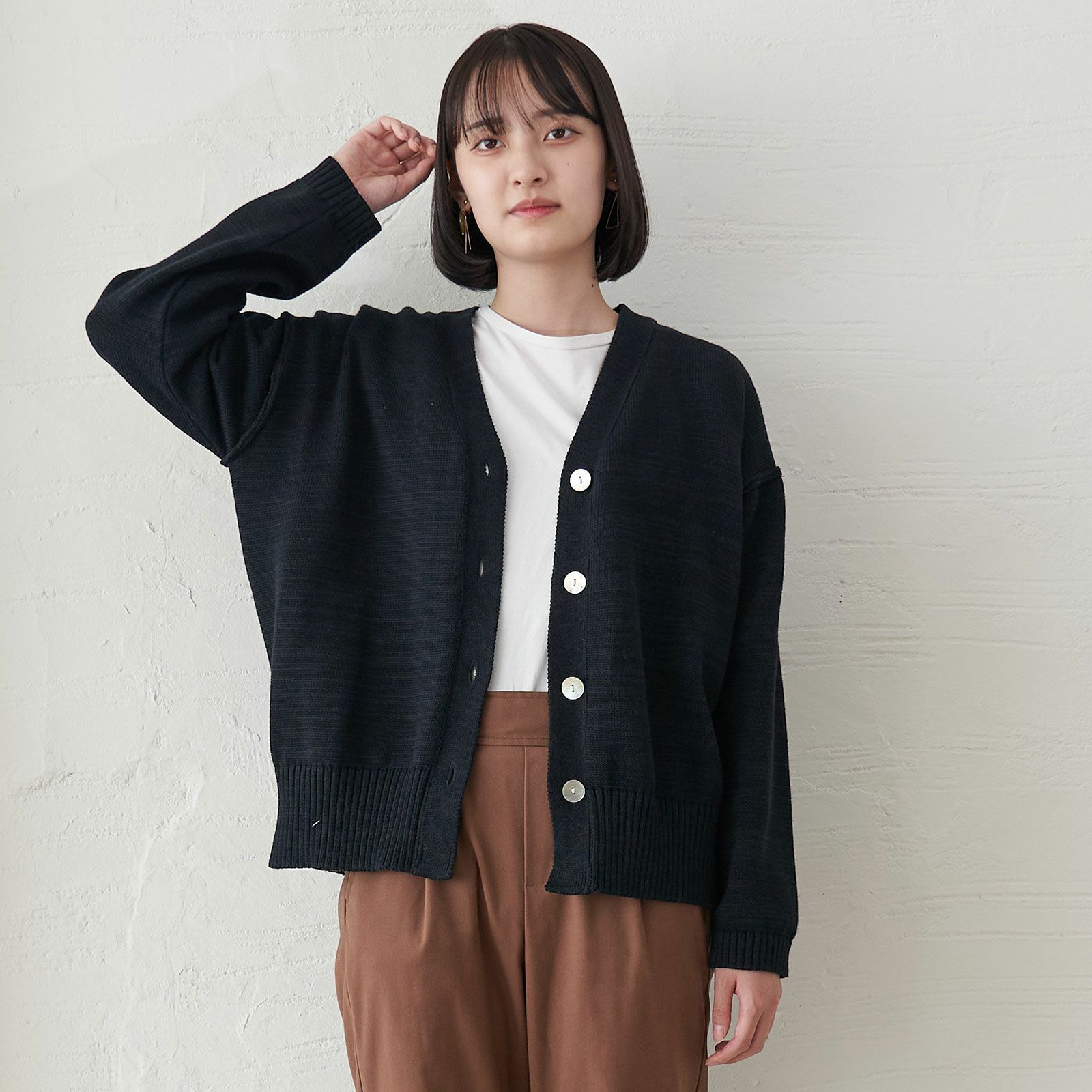 コットンニットカーディガン黒ブラック制服レディース