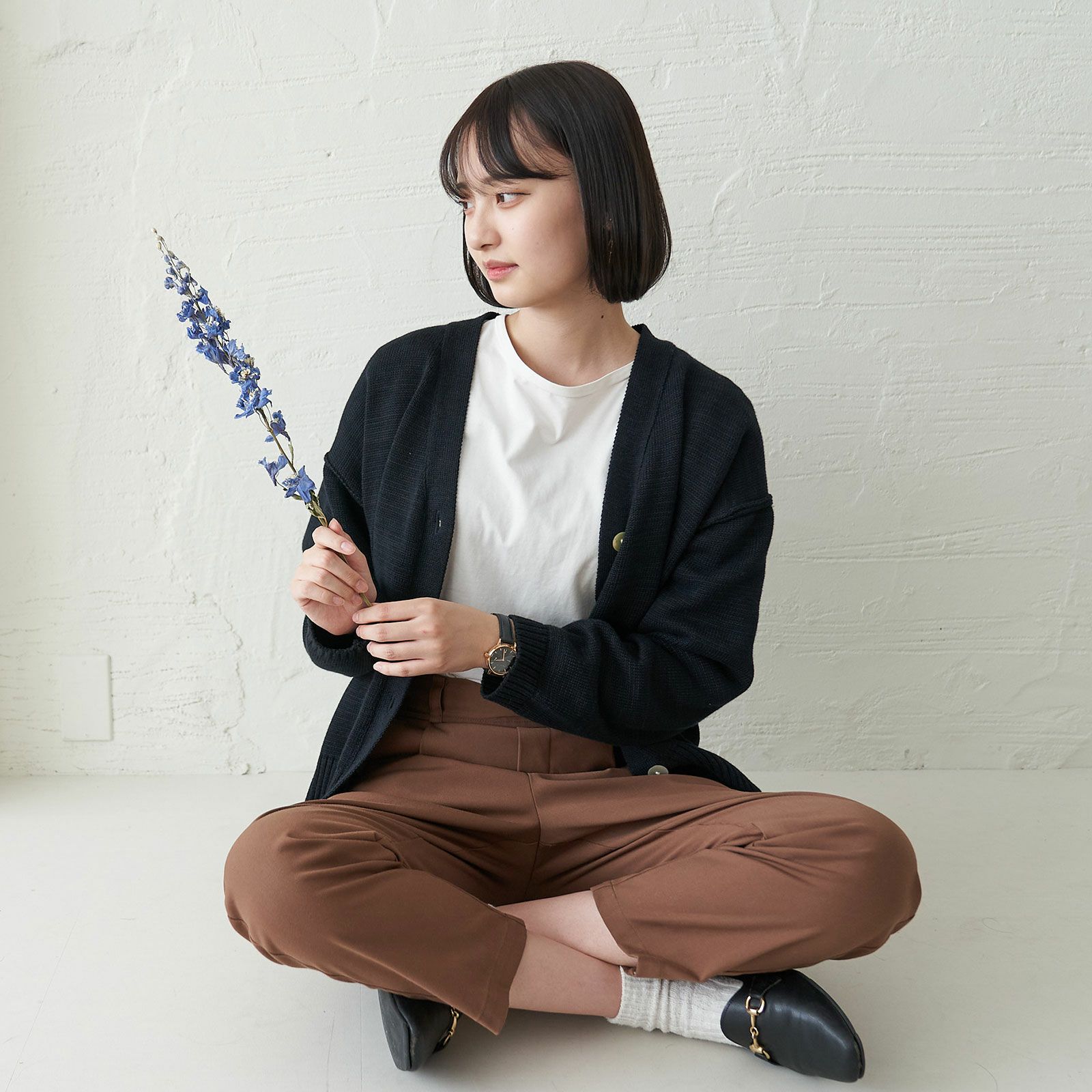 コットンニットカーディガン黒ブラック制服レディース