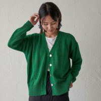 洗濯できるコットンニットカーディガン緑レディース