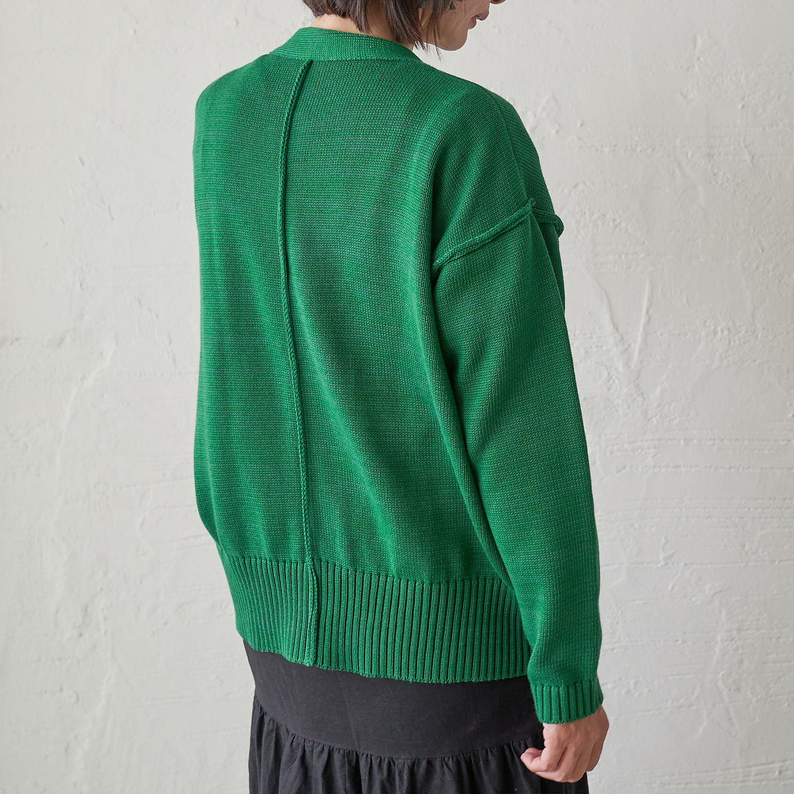 洗濯できるコットンニットカーディガン緑レディース