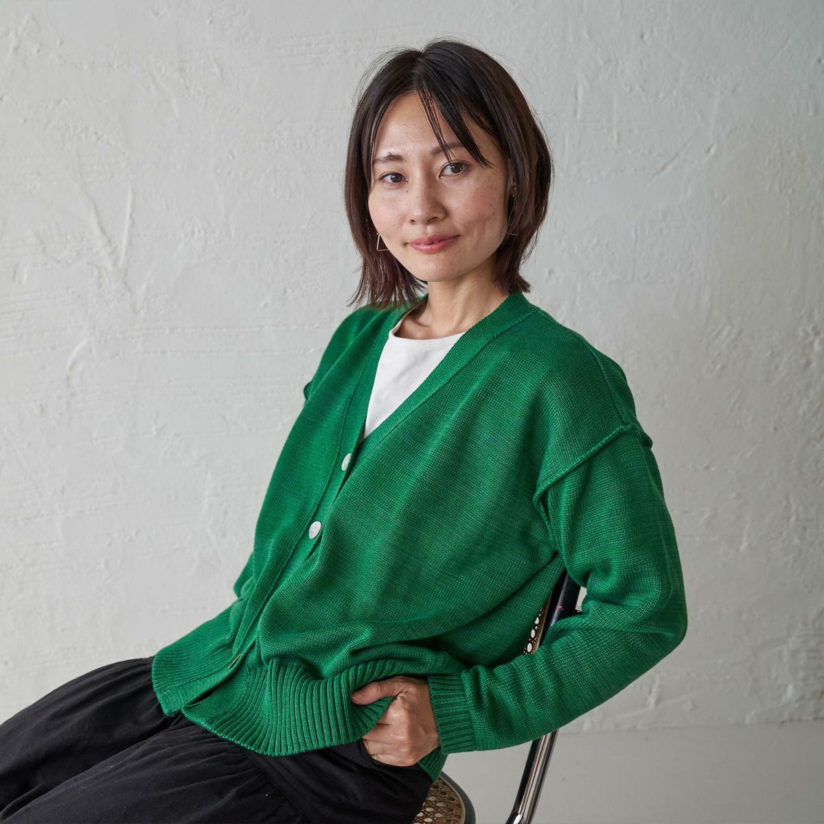 洗濯できるコットンニットカーディガン緑レディース