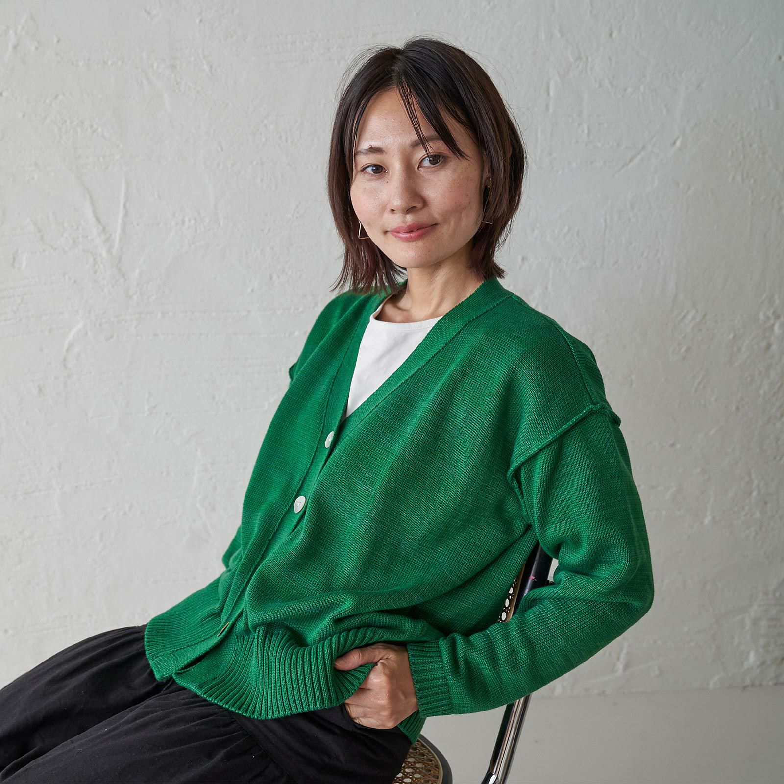 洗濯できるコットンニットカーディガン緑レディース