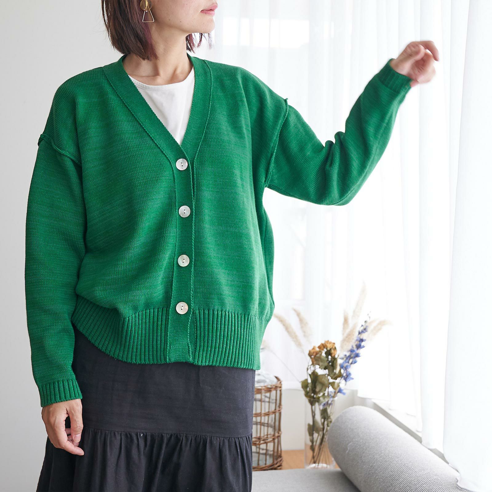 コットンニットカーディガン抗菌消臭グリーン緑レディース