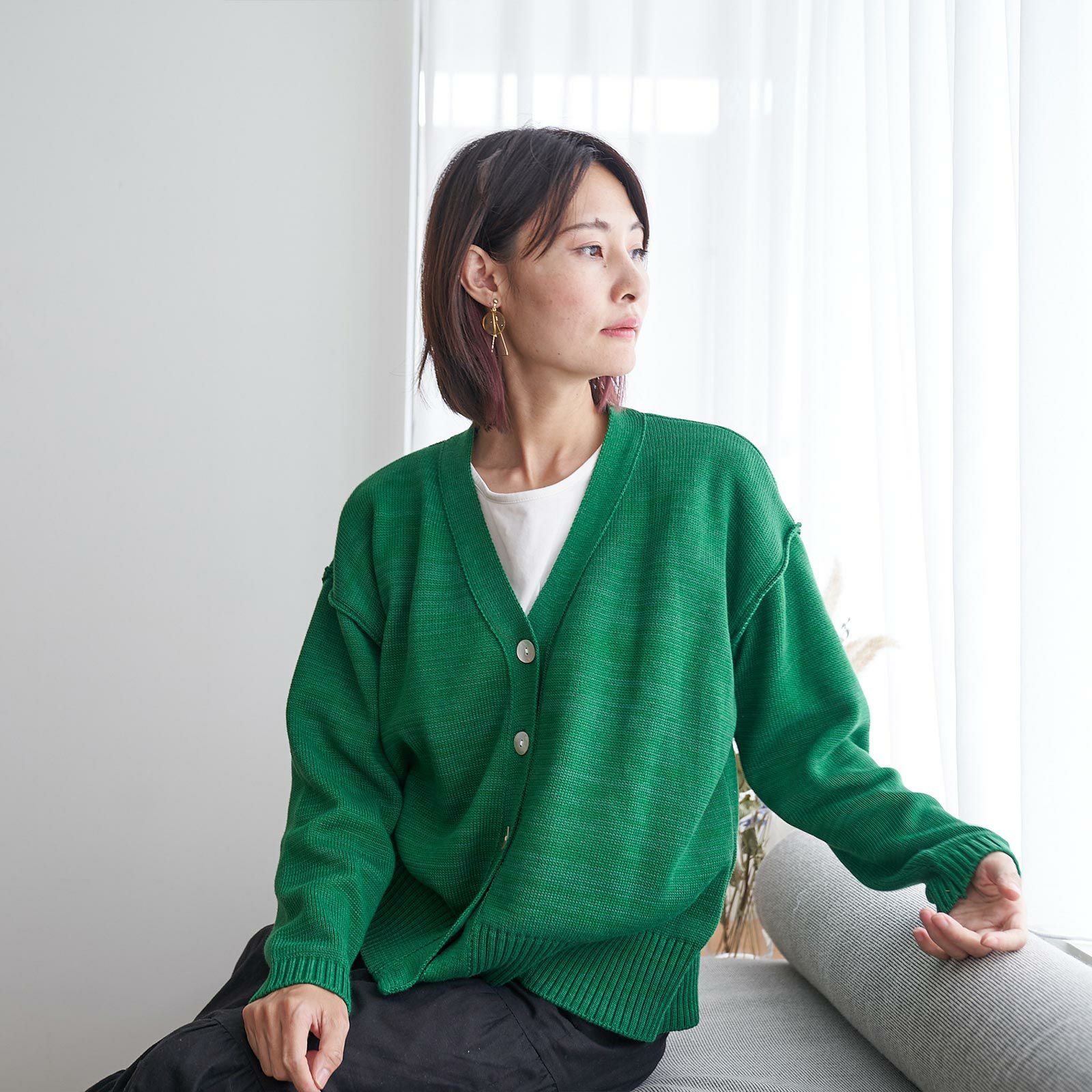 コットンニットカーディガン抗菌消臭グリーン緑レディース