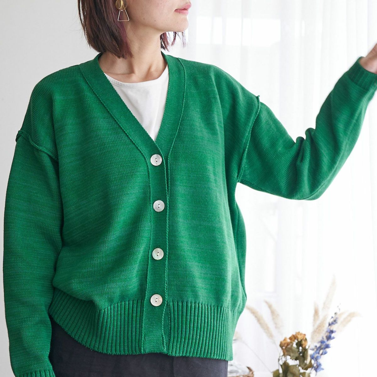 コットンニットカーディガン抗菌消臭グリーン緑レディース