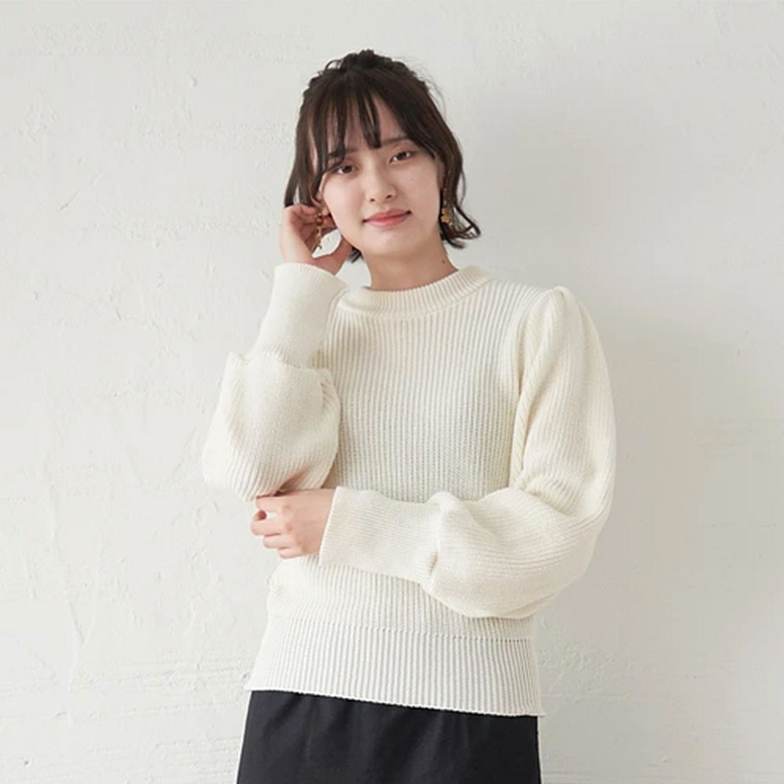 洗える強度コットン 袖ボリュームニット(ホワイト) | もりのがっこう公式 