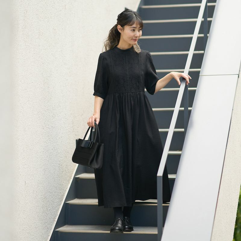 レースが可愛い半袖フォーマルワンピースドレス(ブラック