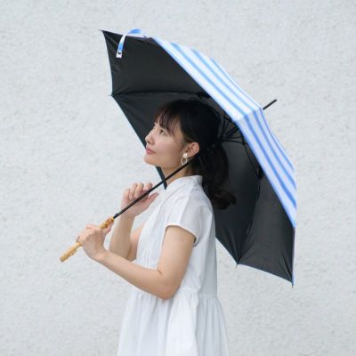 晴雨兼用 長傘 (手書きイラスト ブルーストライプ) UVカット日傘 雨傘 | もりのがっこう公式