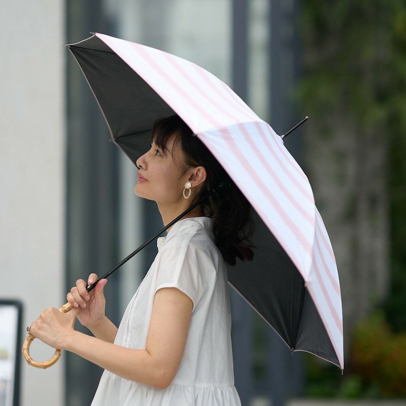 晴雨兼用 長傘 (手書きイラスト ベージュストライプ) UVカット日傘 雨傘 もりのがっこう公式