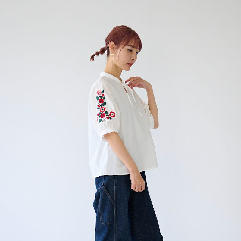エスニック五分袖 花刺繍シャツ (ホワイト) | もりのがっこう公式