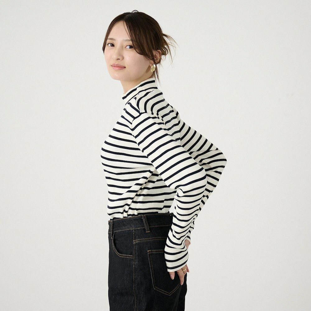 テレコニットハイネックロングスリーブトップス(ボーダーホワイト