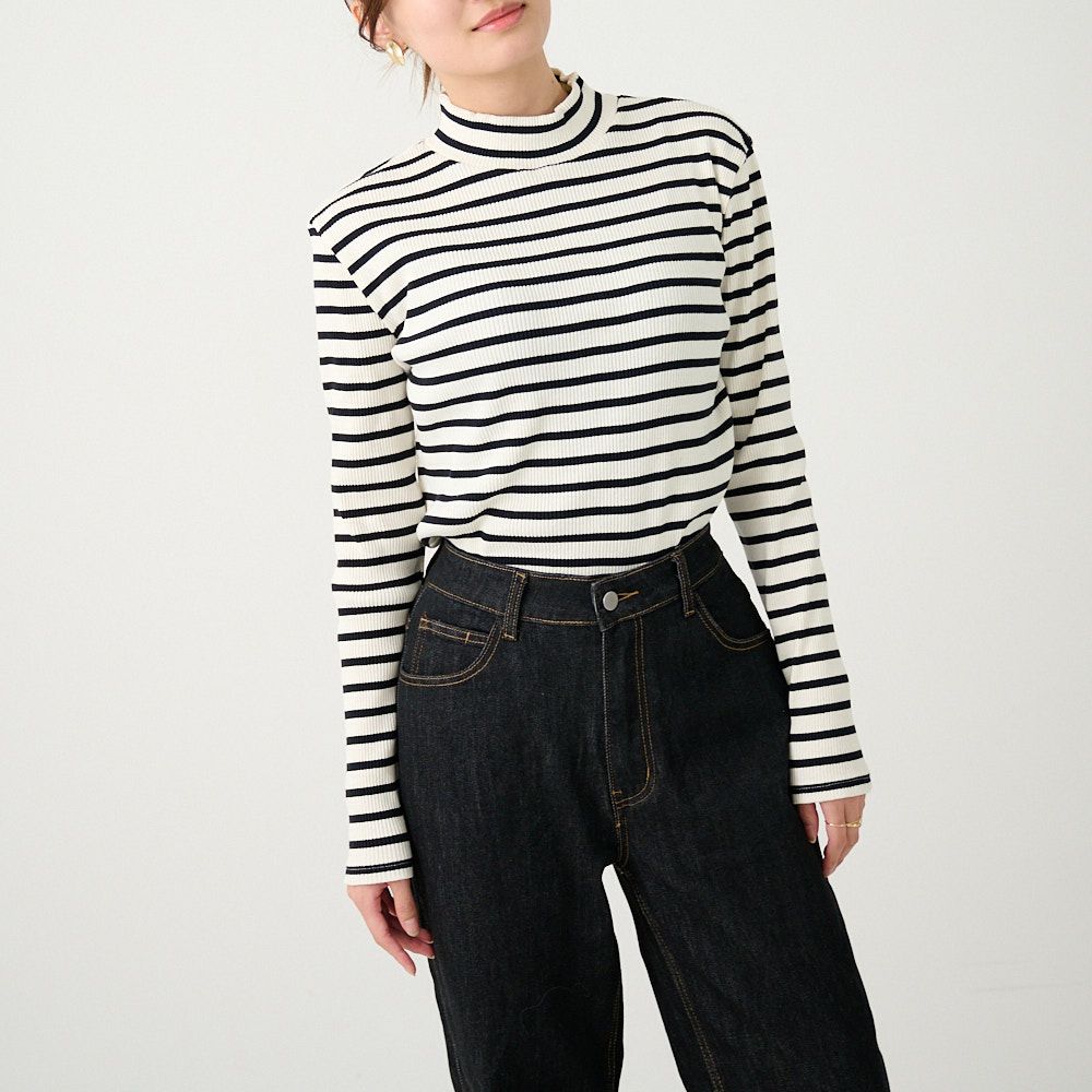 テレコニットハイネックロングスリーブトップス(ボーダーホワイト